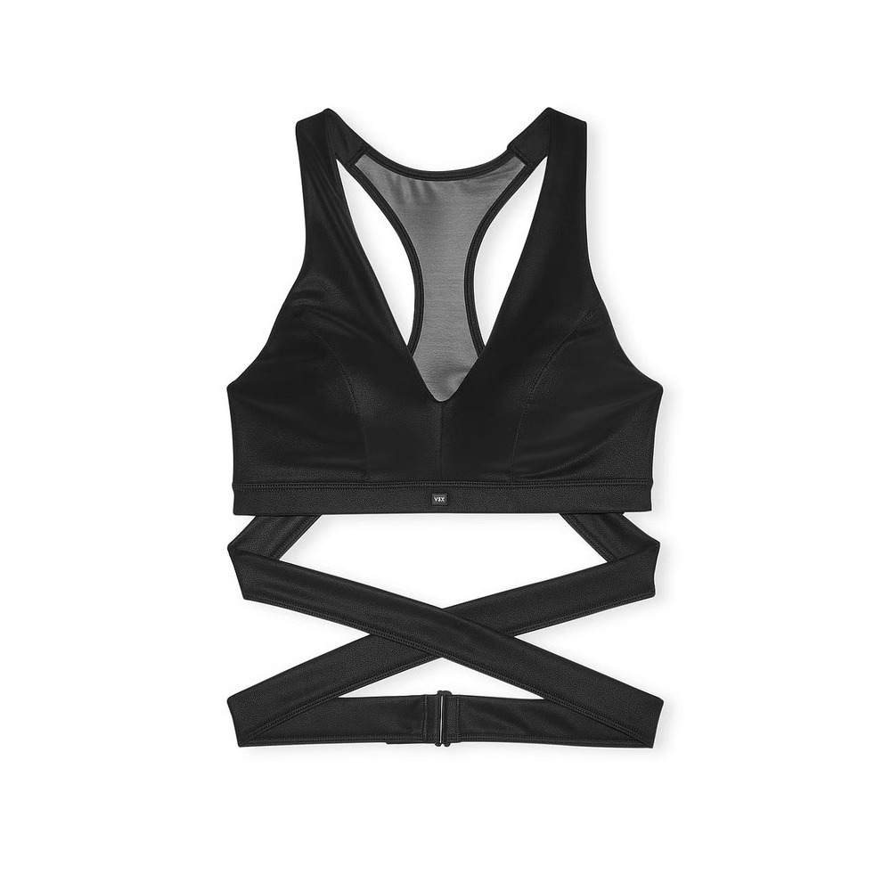 Victorias Secret VSX‎ Womens XL Suede Effect Black Plunge Wrap Sports Bra